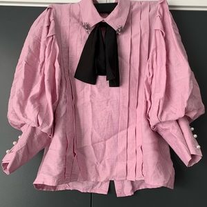 Sister Jane pussy bow, pearl button shirt